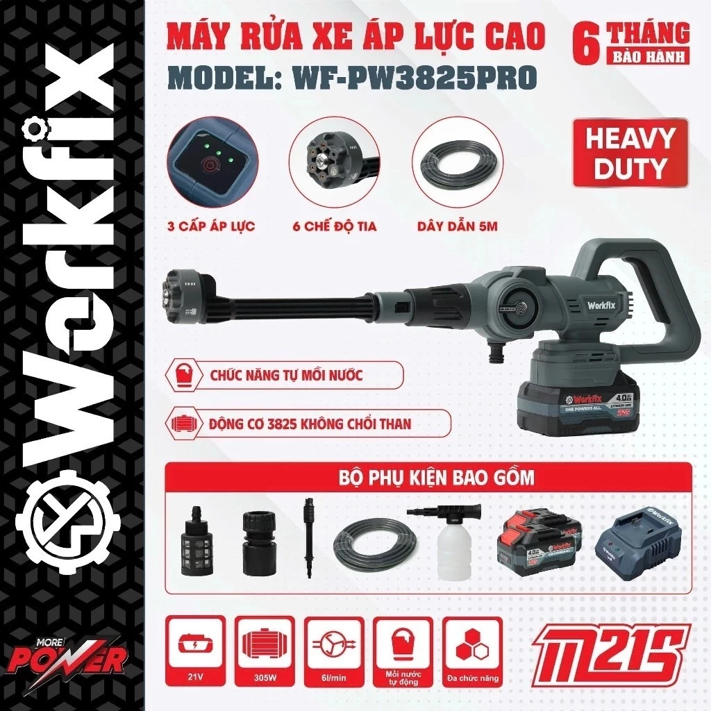 Máy Rửa Xe Cao Áp Workfix WF-PW3825PRO Công suất 305W, 6 Chế Độ, 3 Tốc Độ, Không Chổi Than 6 chế độ tia nước