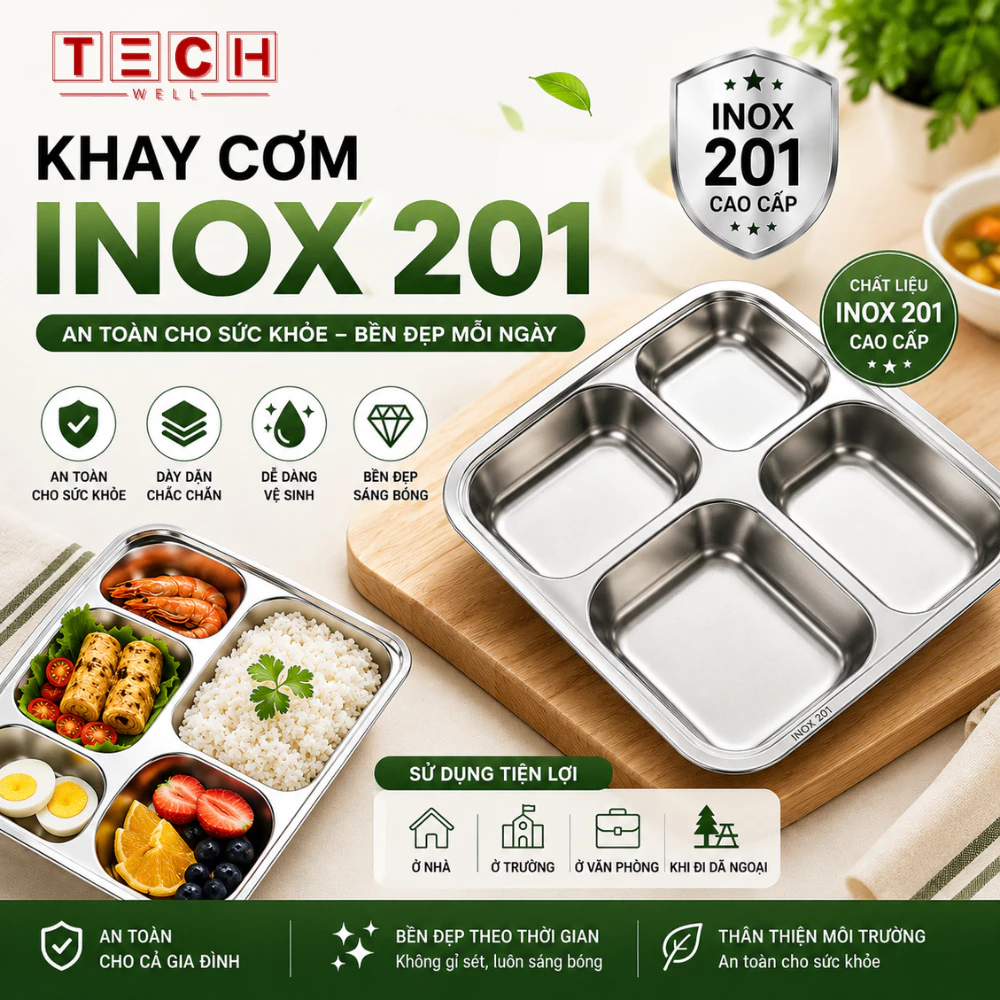 Khay inox 201 chia ngăn tiện lợi cho căn tin nhà hàng bếp ăn, Tiện Lợi, An Toàn