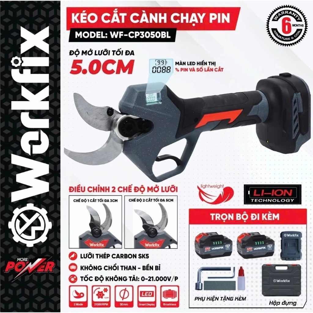 Kéo Cắt Cành Pin Workfix WF-CP3050BL, Độ Mở Lưỡi Tối Đa 5,0cm, Lưỡi Thép Carbon, Động Cơ Không Chổi Than