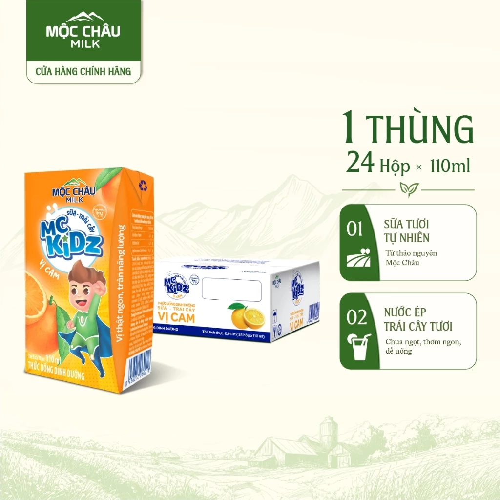Thùng 24 Hộp Sữa Trái Cây MC Kidz Vị Cam Mộc Châu Milk 110ml