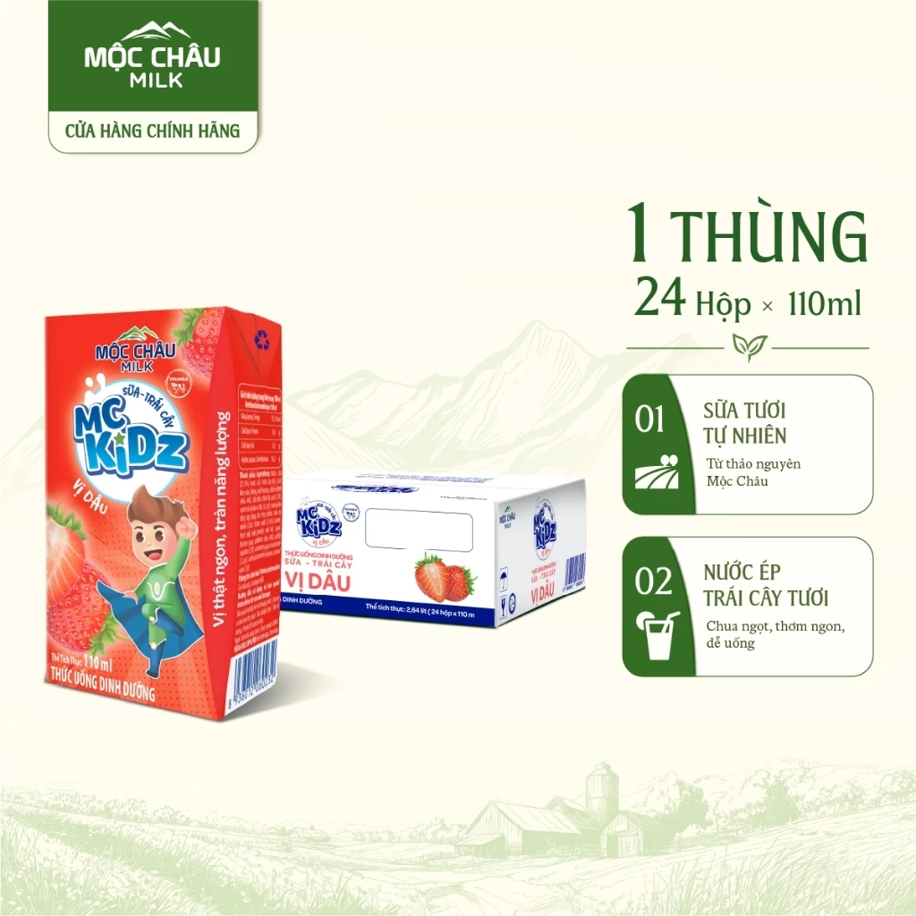 Thùng 24 Hộp Sữa Trái cây MC Kidz Vị Dâu Mộc Châu Milk 110ml