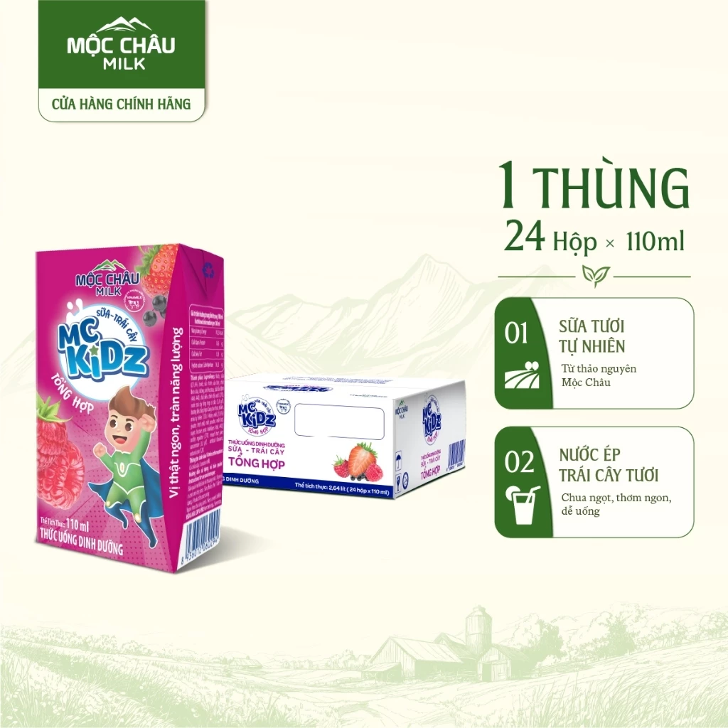 Combo 2 Thùng 24 Hộp Sữa Trái cây MC Kidz Vị Trái Cây Tổng Hợp Mộc Châu Milk 110ml