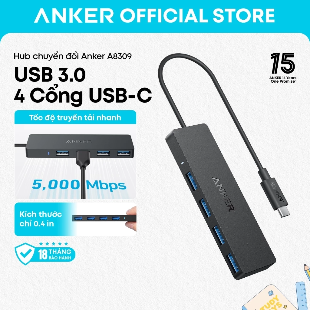 Hub chuyển đổi Anker A8309 4 cổng USB-C, USB 3.0, truyền dữ liệu 5Gbps, thiết kế siêu mỏng