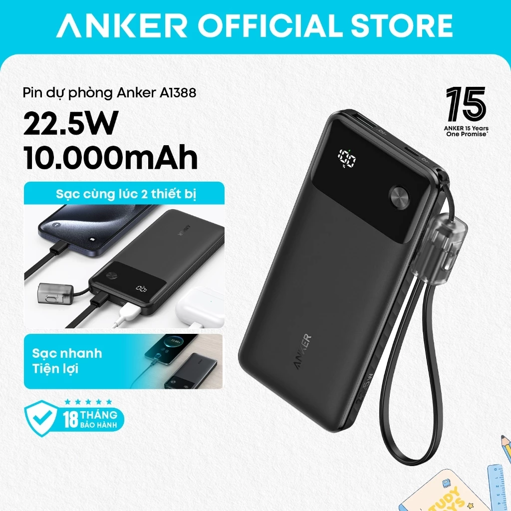 Pin sạc dự phòng Anker 10.000mAh 22.5W Max kèm cáp USB-C sạc cho MacBook, iPhone 16/15, Samsung - A1388