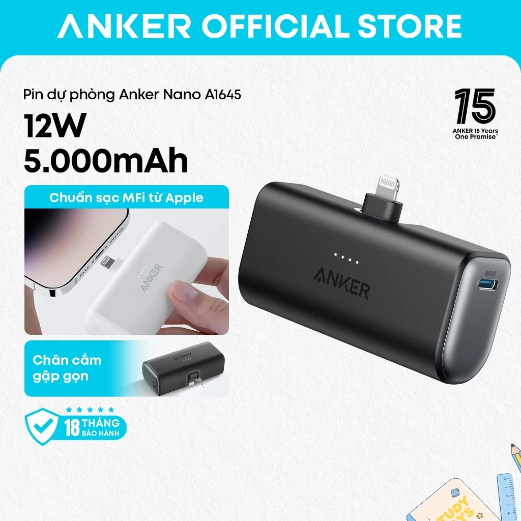 Pin Dự Phòng Anker Nano 5000mAh 22.5W Power Bank (Built-In USB-C/Lighting Connector) Portable MFI Certified A1645/A1653