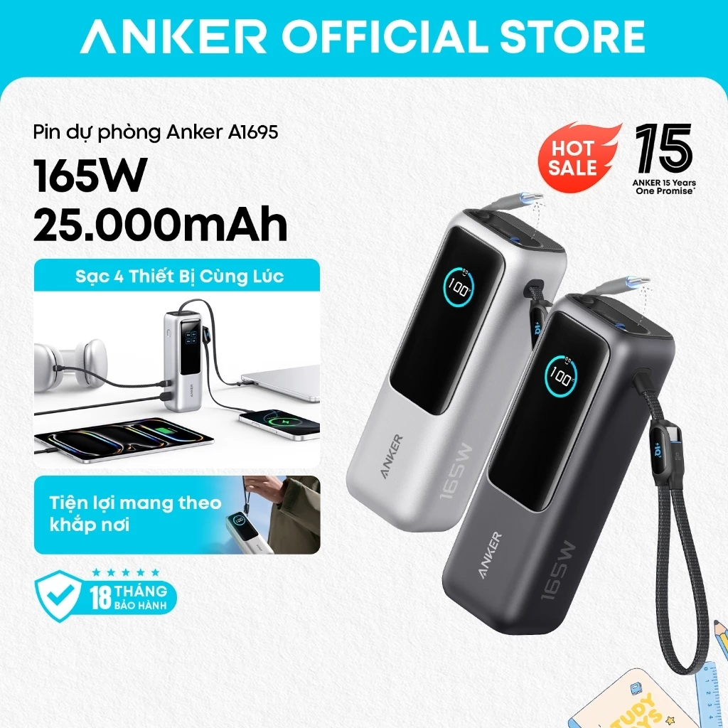 Sạc di động Anker Zolo 25.000mAh| Công suất 165W | Tích hợp 2 cáp USB-C có thể rút gọn | Có màn hình Anker A1695