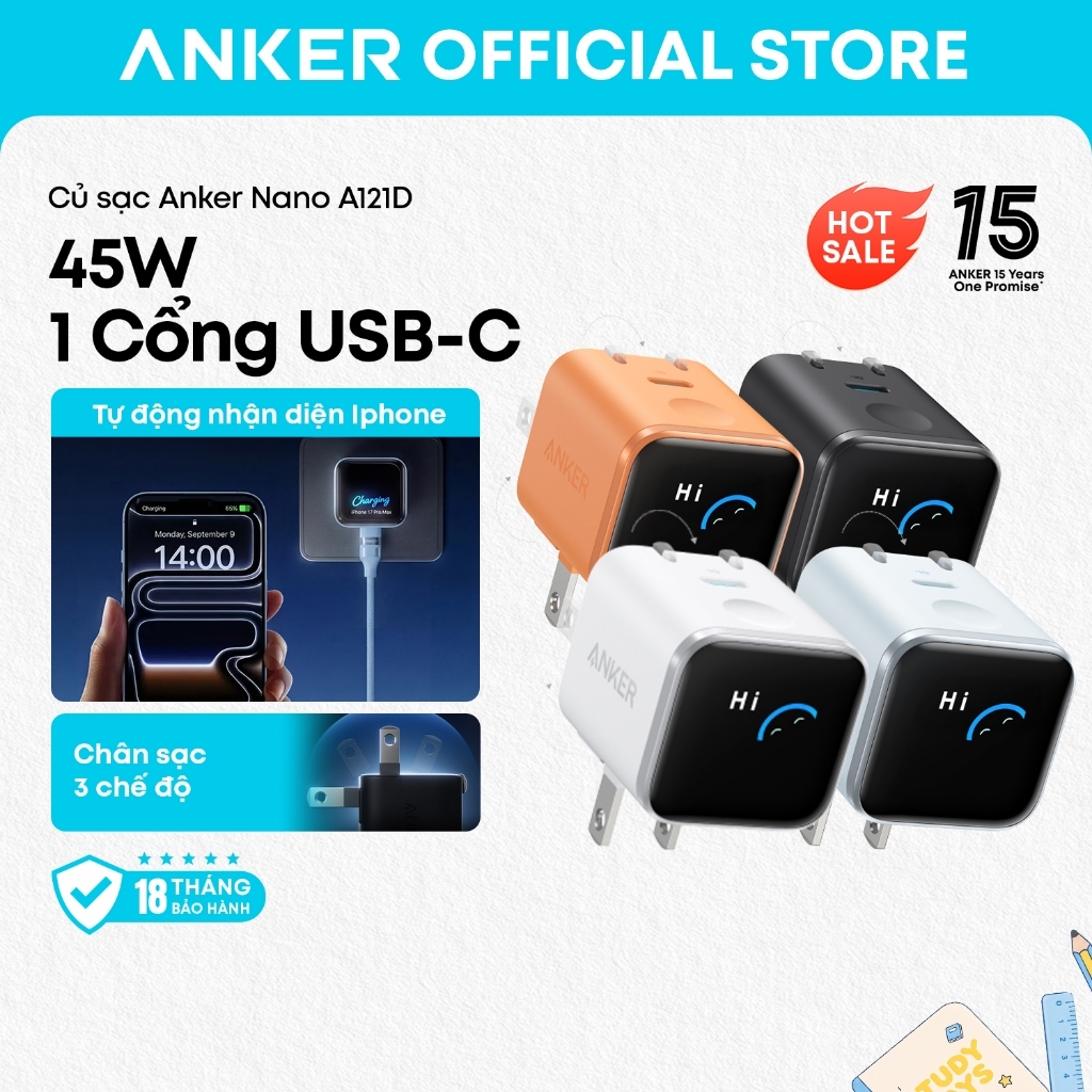 Củ sạc nhanh Anker Nano A121D 45W, thiết kế chân gập, sạc nhanh iPhone…