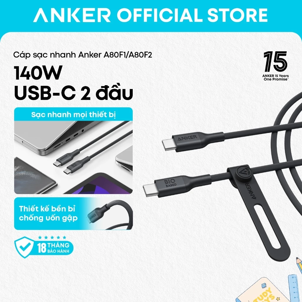 Anker 544 140W Cáp sạc PD C to C dài 0.9m 1.8m 3ft 6ft TPE Bio-Based sạc nhanh Máy tính điện thoại di động A80F1/A80F2