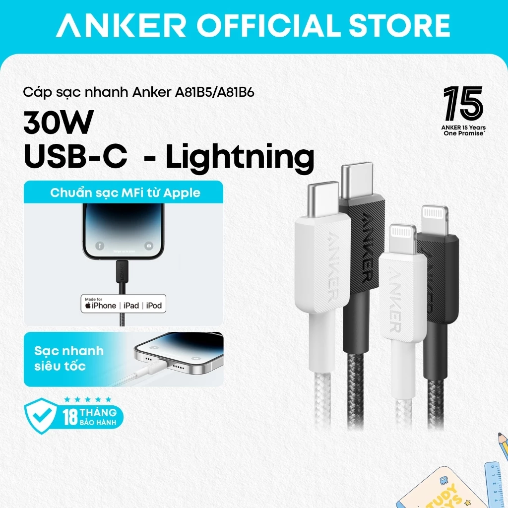 Cáp sạc nhanh Anker A81B5/A81B6 USB-C sang Lightning, hỗ trợ iPhone 14/13/X