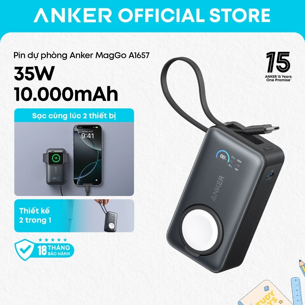 Pin dự phòng Anker MagGo cho, Bộ pin nhỏ gọn 10.000mAh được chứng nhận chính thức với cáp USB-C tích hợp A1657