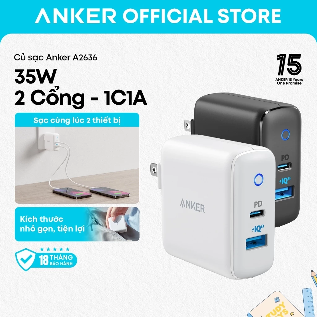Anker A2636 Powerport PD2 35W PD (20W-Max) PIQ2.0(15w-Max)Sạc USB-C-USB A2636