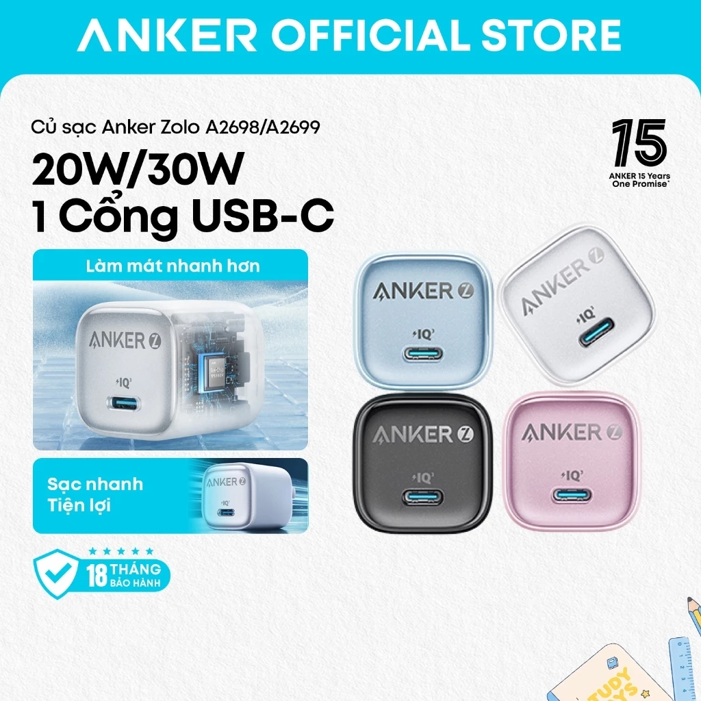 Anker zolo Củ sạc 20W/30W GaN usb-C PIQ 3.0 sạc nhanh điều khiển nhiệt độ kích thước nhỏ A2698/A2699