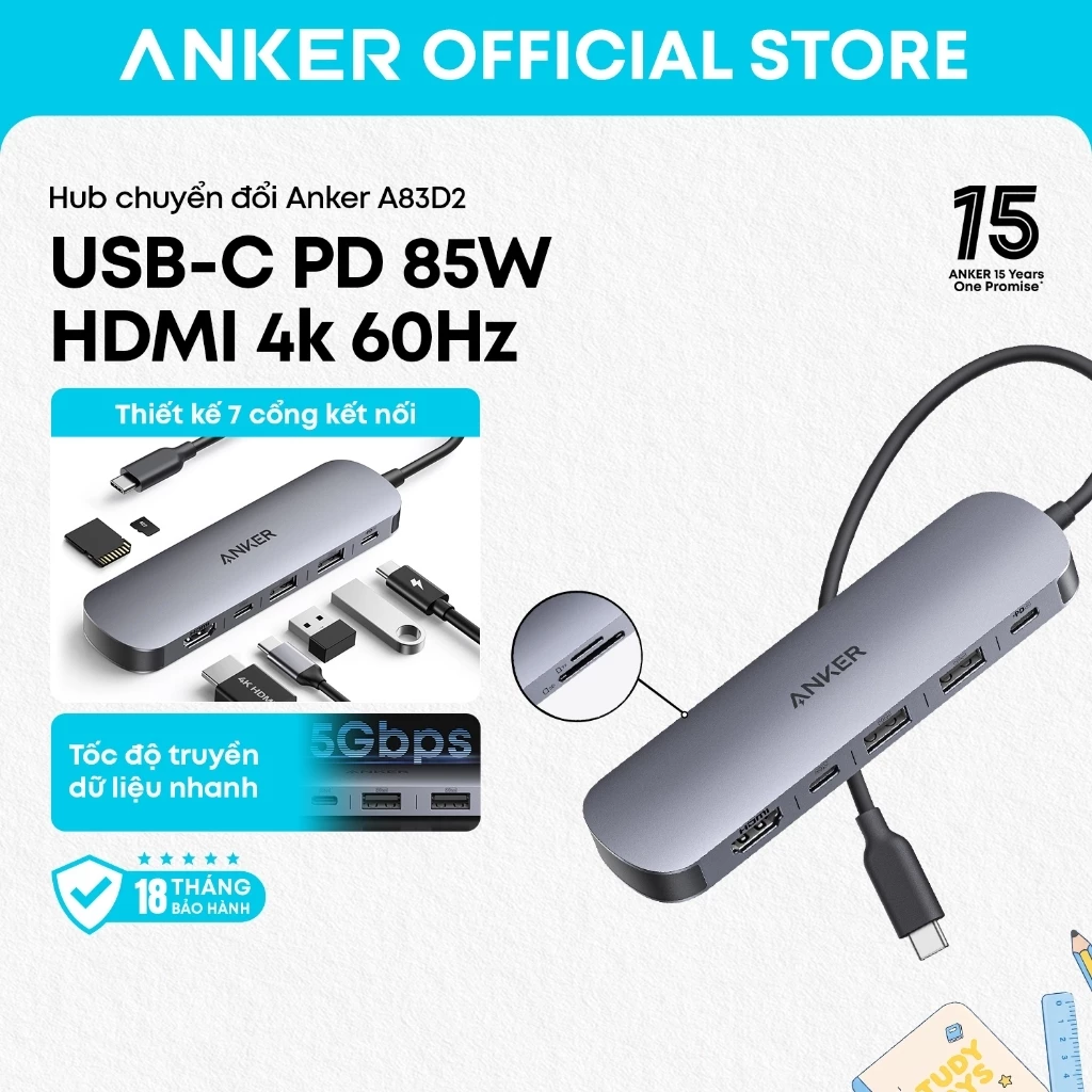 Hub chuyển đổi USB-C 7 trong 1 Anker A83D2, hỗ trợ HDMI 4K 60Hz, mở rộng đa cổng cho laptop