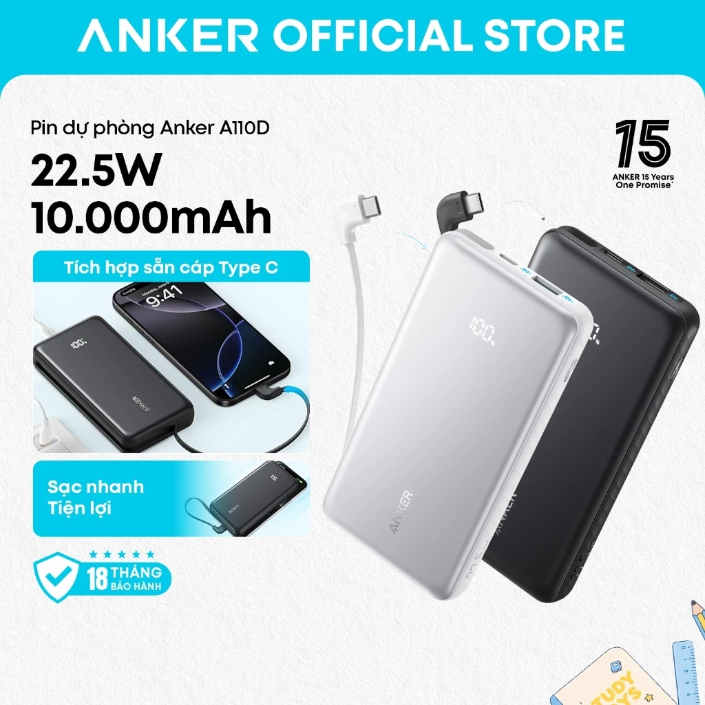Sạc dự phòng Anker Zolo A110D/A110E 20000mAh, chuẩn 3C Trung Quốc, cáp USB-C tích hợp, sạc nhanh 22.5W