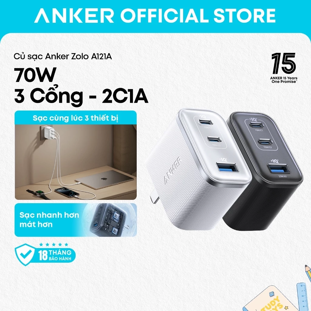 Củ sạc nhanh Anker Nano A121A / B121A 70W 3 cổng, bảo vệ pin thông minh, thích hợp