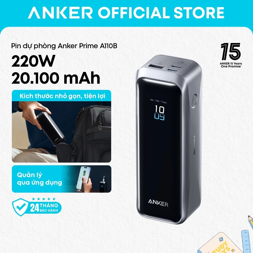 Sạc dự phòng Anker Prime A110B 20100mAh, sạc nhanh 3 cổng tối đa 220W, điều khiền thông minh qua app, tương thích iPhone