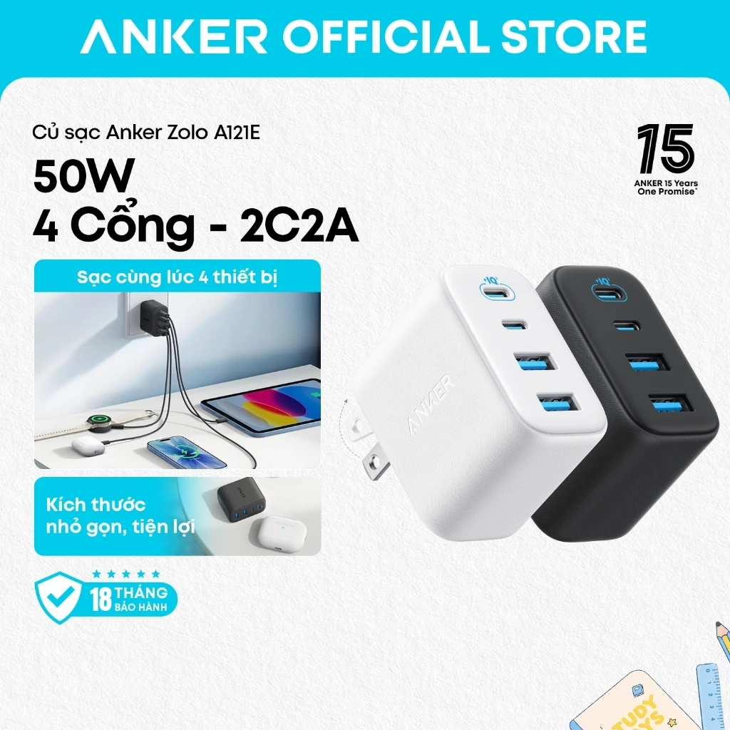 Củ sạc nhanh Anker Zolo A121E 50W 4 cổng (2 USB-C + 2 USB-A), sạc nhanh đa thiết bị (điện thoại, laptop)