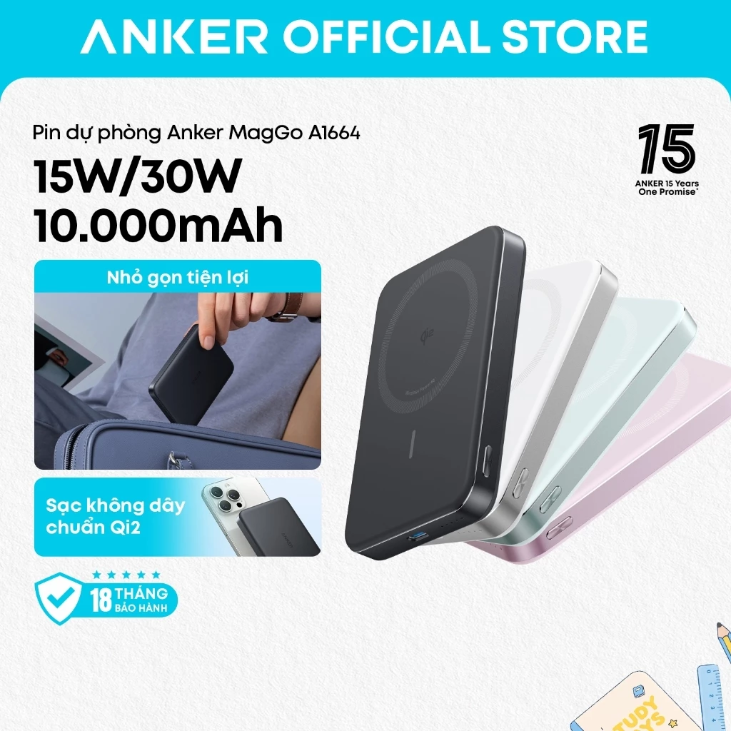 Pin dự phòng Anker MagGo Power Bank siêu mỏng 10000mAh từ tính, bộ sạc di động được chứng nhận Qi2 15W A1664