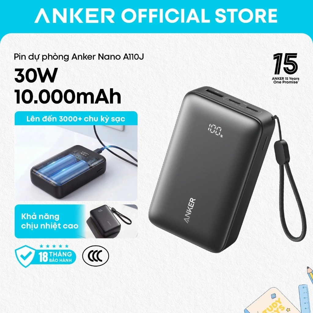 Sạc dự phòng Anker Zolo A110J 10000mAh, chuẩn CCC Trung Quốc, sạc nhanh 30W, lên tới 3000 chu kỳ sạc