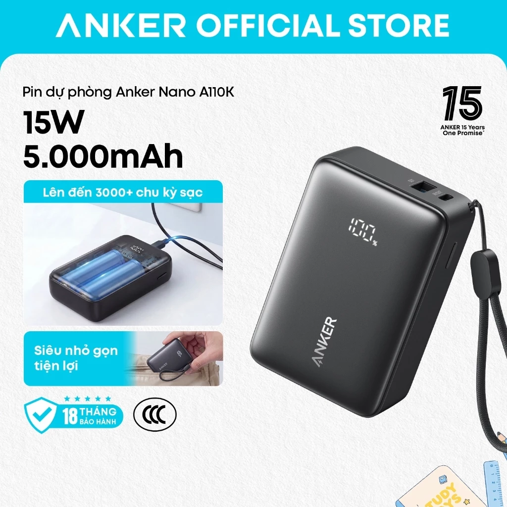 Sạc dự phòng Anker Zolo A110K 5000mAh, chuẩn CCC Trung Quốc, sạc nhanh 15W, 2 cổng 1C1A