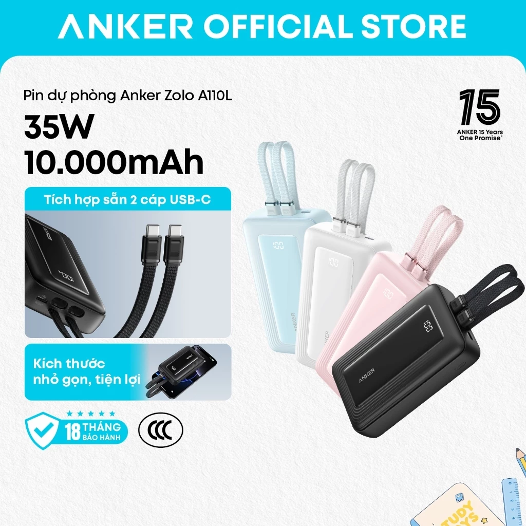 [Chuẩn CCC] Sạc dự phòng Anker A110L 35W sạc nhanh 10.000W kèm 2 cáp Type-C tích hợp, nhỏ gọn dung lượng cao