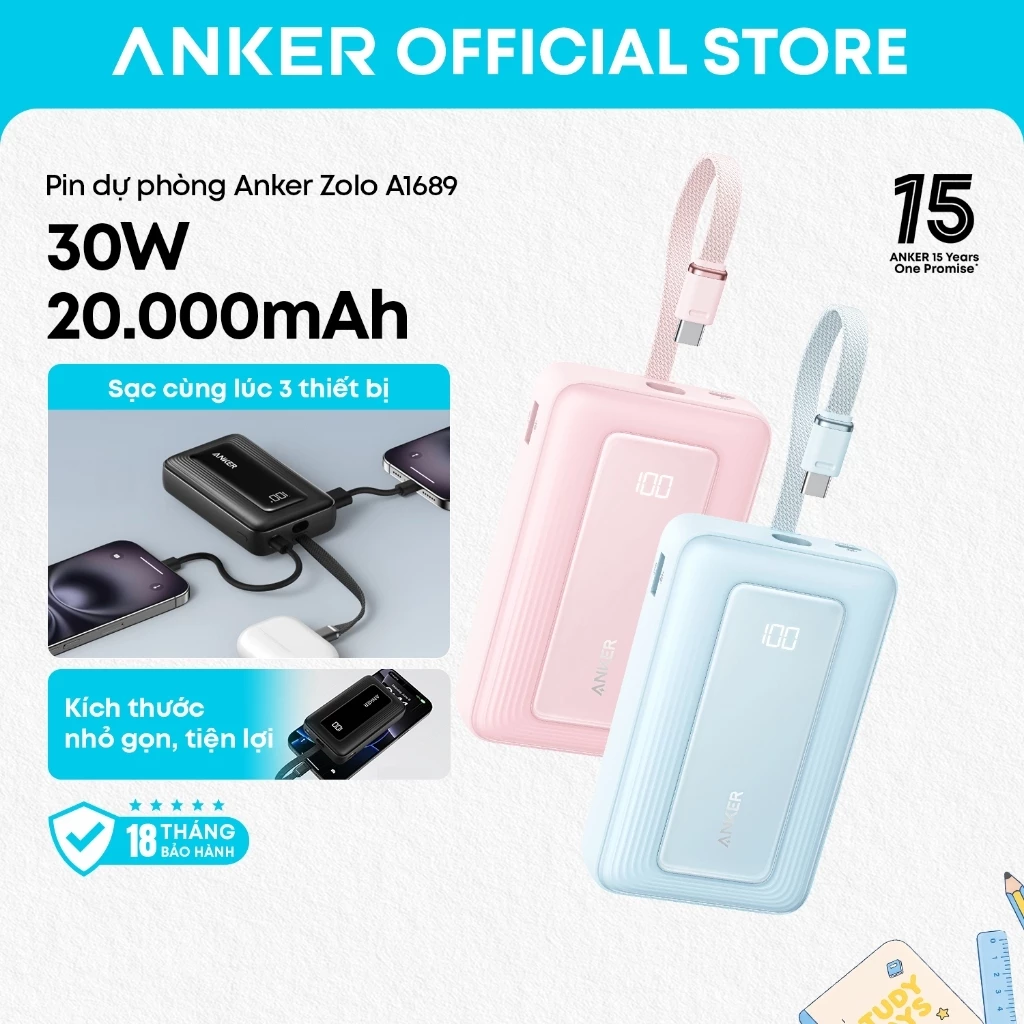 [New] Anker Zolo Power Bank 20,000mAh 30W Portable Charger with Built-in USB-C Cable for Travel A1689