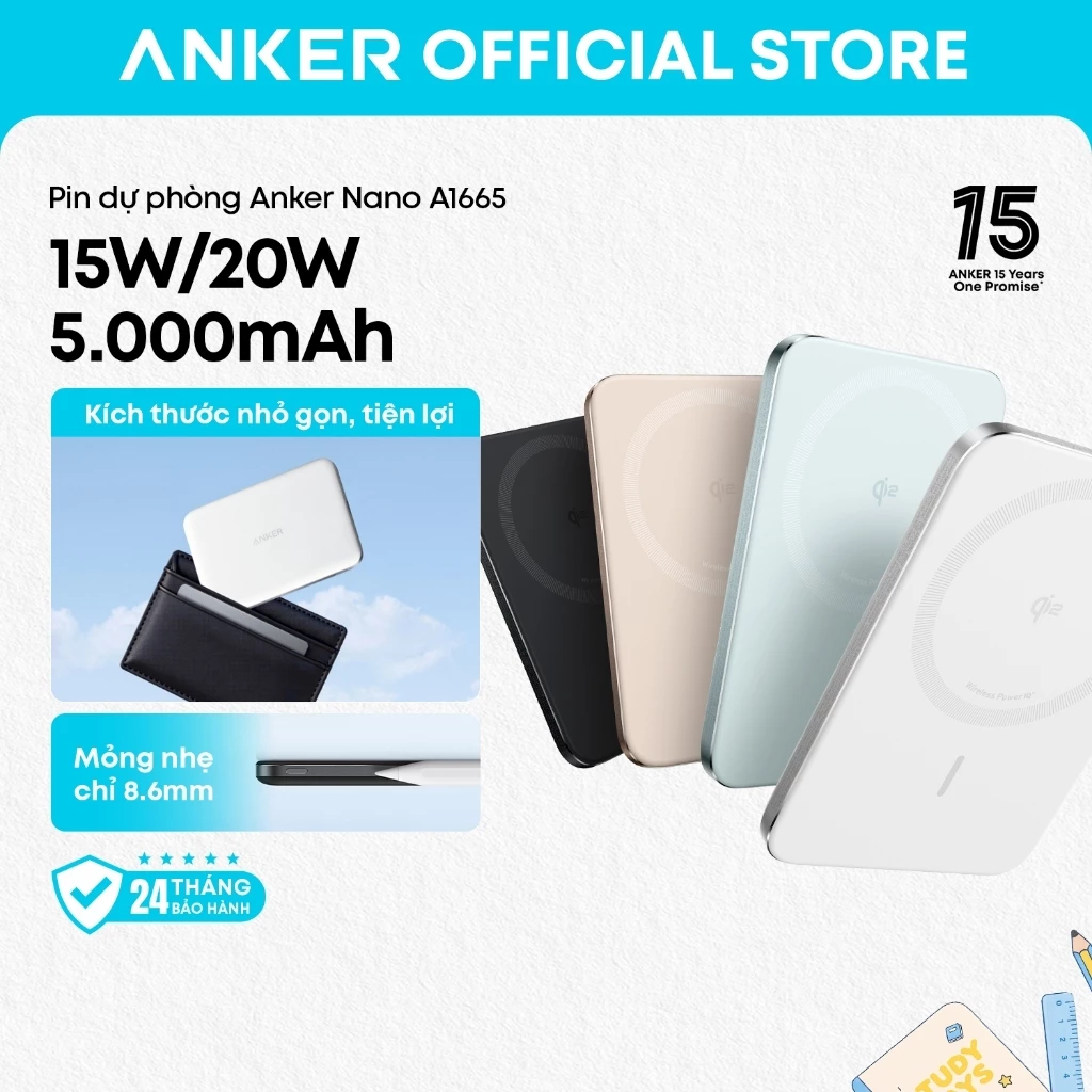 For iPhone 17/16/Samsung]Pin dự phòng Anker Nano A1665 5.000mAh, Sạc dự phòng Qi2 công suất tối đa 15W