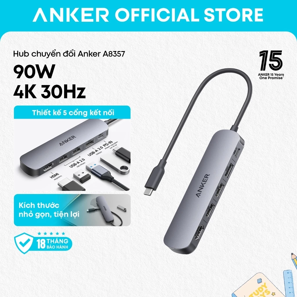 Hub chuyển đổi USB-C 5 trong 1 Anker A8357, hỗ trợ HDMI 4K, sạc nhanh 90W, mở rộng đa cổng cho laptop