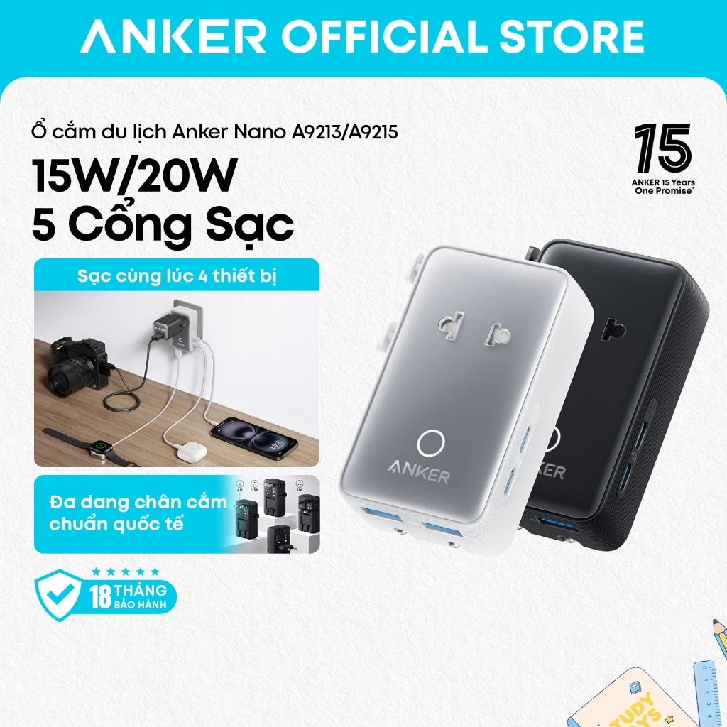 Bộ chuyển đổi du lịch Anker Nano A9215 / A9213, 5 cổng sạc (1 AC 2 USB-A 2 USB-C), kiểm soát nhiệt thông minh