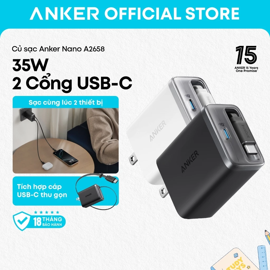 Củ sạc nhanh Anker Nano A2658 2 cổng tối đa 35W, tích hợp dây cáp USB-C có thể thu gọn