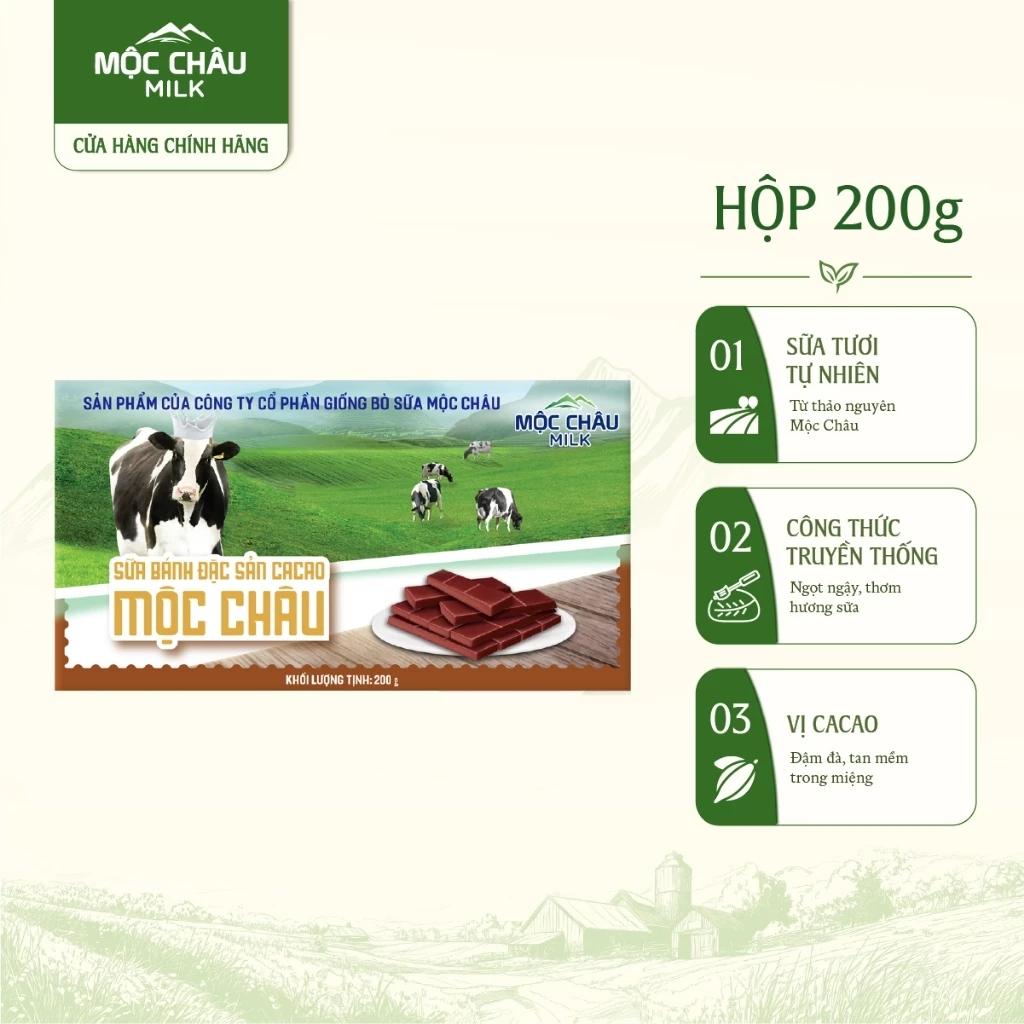 Hộp Bánh Sữa Đặc Sản Mộc Châu Milk 200g Vị Cacao