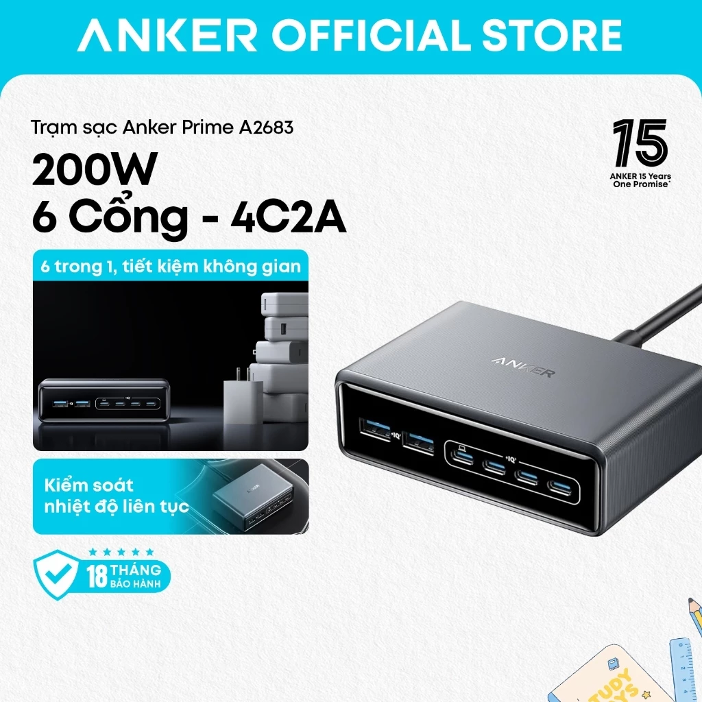 Trạm sạc nhanh Anker Prime A2683 6 cổng tối đa 200W tích hợp công nghệ GaN, sạc nhanh đa thiết bị laptop, điện thoại