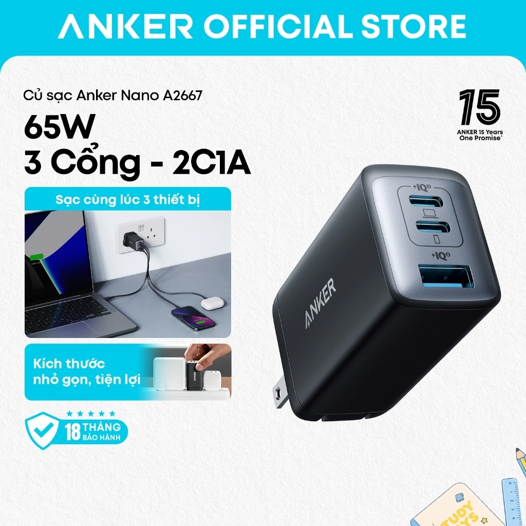 Anker Bộ Sạc USB C, Bộ Sạc 735 (Nano II 65W), PPS 3-Cổng Nhanh Gọn Gàng Gập Lại cho MacBook Pro/Air, iPad Pro A2667