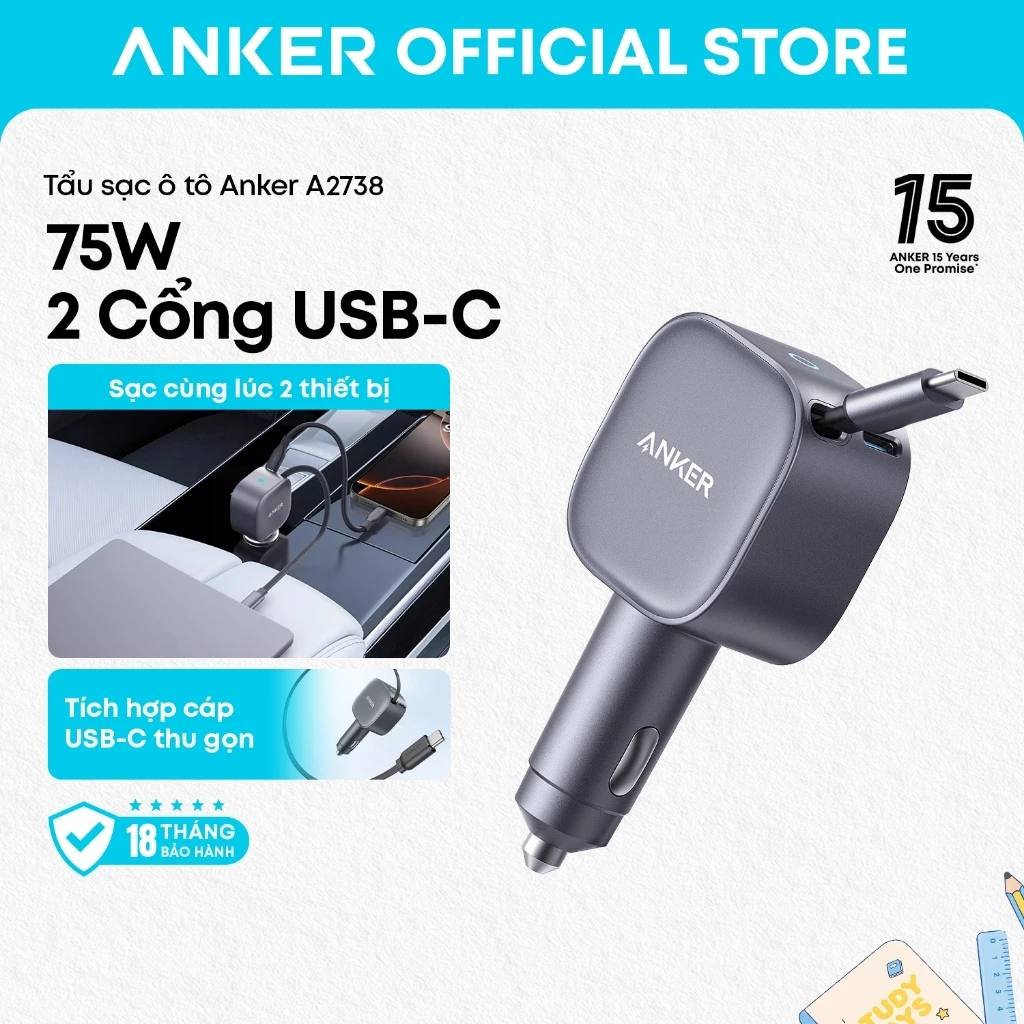 Bộ sạc ô tô Anker A2738 75W tích hợp cáp USB-C, thiết kế siêu nhỏ gọn