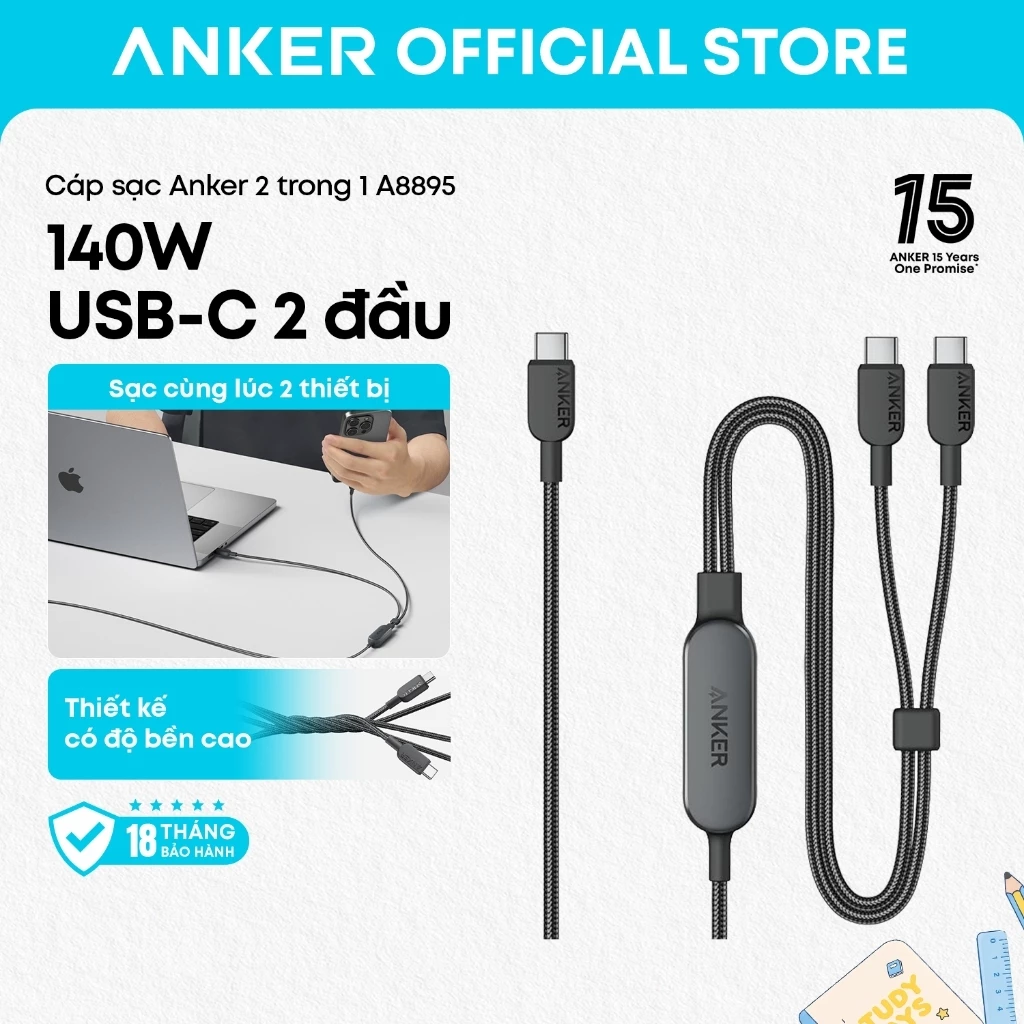 Cáp sạc nhanh 2 trong 1 Anker A8895 USB-C sang USB-C, công suất 140W, thiết kế bện bền bỉ cho Galaxy S24 & laptop
