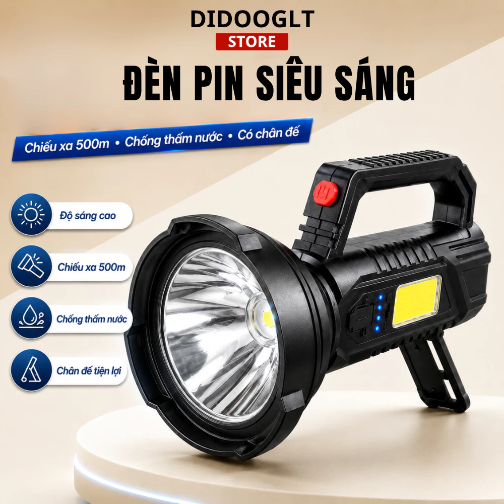 Đèn pin siêu sáng chiếu xa 500m chống thấm nước có chân đế, độ sáng cao, chiếu sáng xa - Didooglt