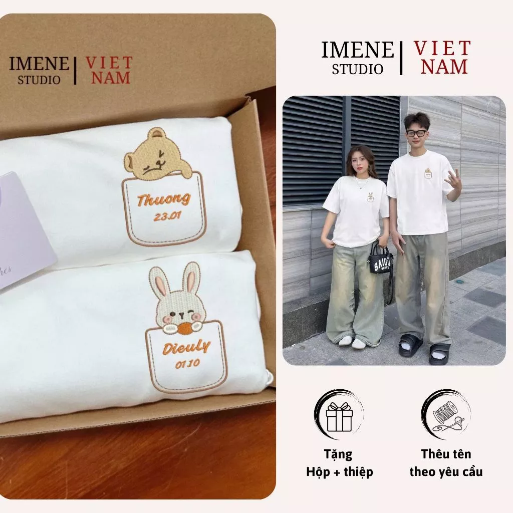Áo thun THÊU cặp đôi nam nữ theo yêu cầu, áo phông cặp đôi nam nữ, áo phông nữ form rộng thêu TÚI CÚN THỎ (IM18)