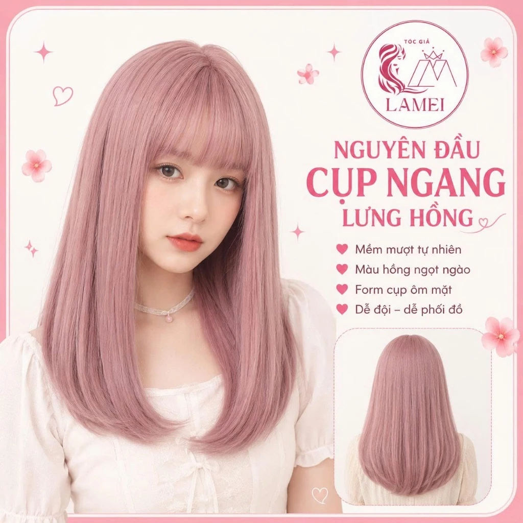 Tóc Giả Nguyên Đầu Nữ Thẳng Cụp Đuôi Hồng Ms 8226 Tặng Wig Đội Tóc