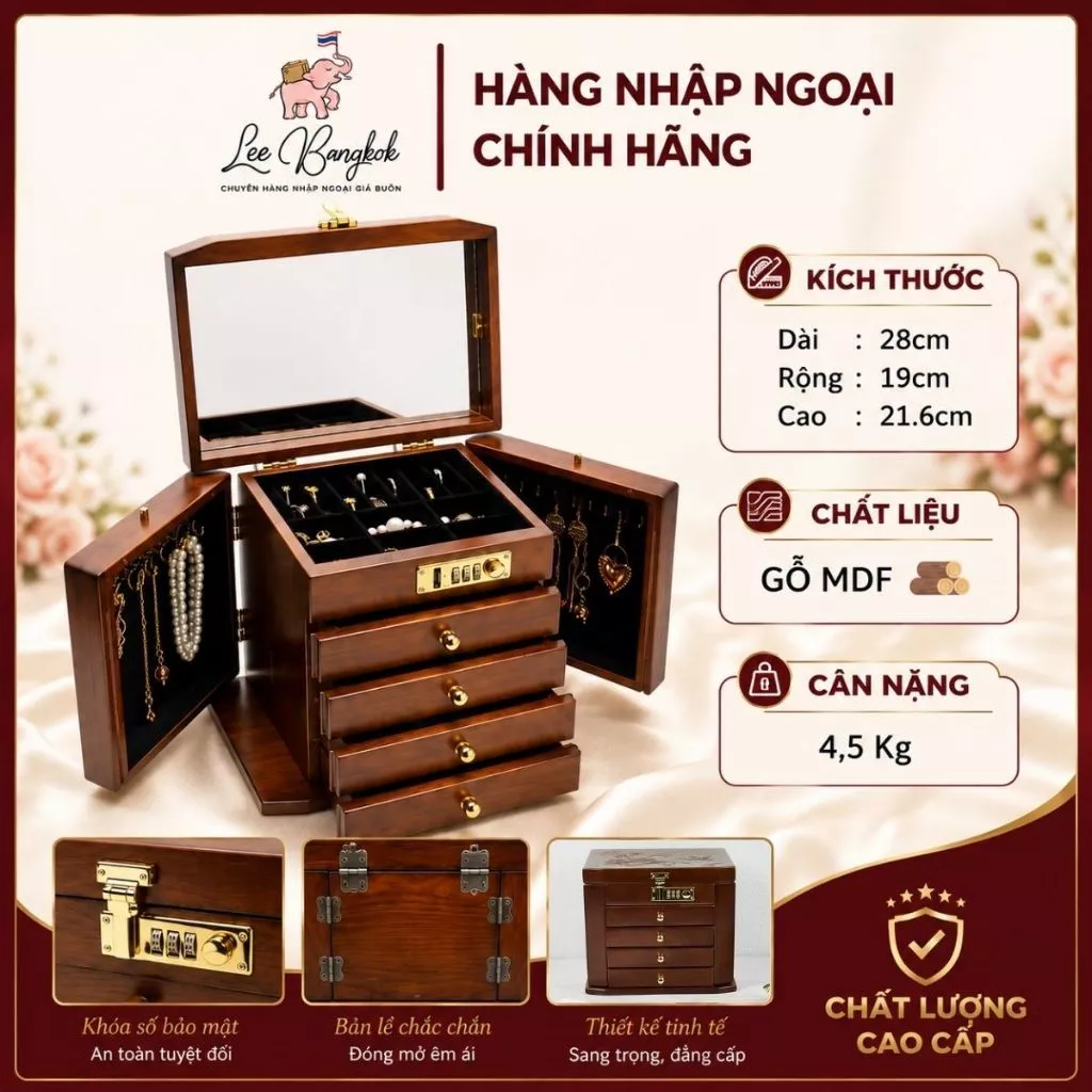 (TỦ CAO CẤP) Tủ, Rương Gỗ Đựng Trang Sức 5 Tầng Mở Cánh Khóa Số Chất Liệu Gỗ MDF Đựng Mỹ Phẩm, Đồng Hồ, Đá Quý MQ865