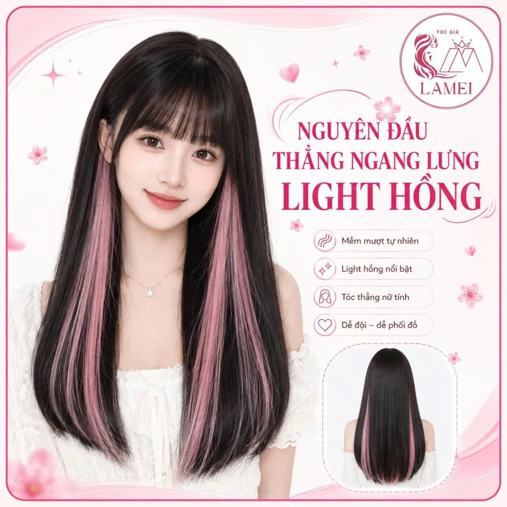 Tóc Giả Nữ Nguyên Đầu Thẳng Light Hồng Dáng Lửng Phong Cách Hàn Quốc 9060H Lamei