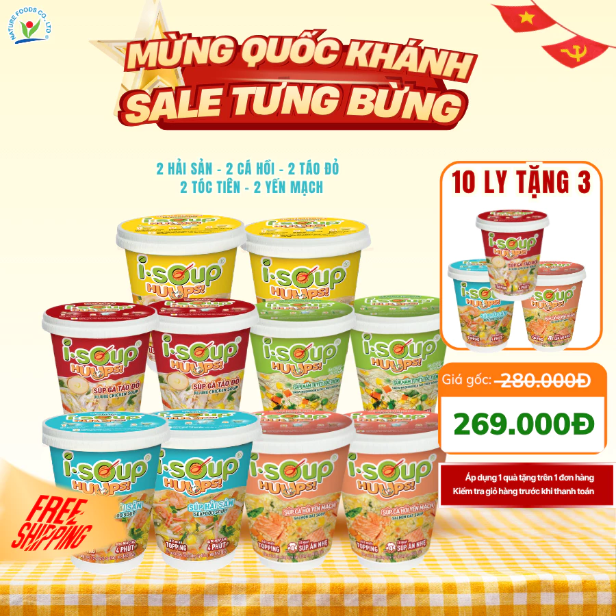 [MUA 10 TẶNG 3] Isoup Huups Combo 10 Ly Súp Ăn Liền Sấy Thăng Hoa ( 2Hải Sản + 2Gà Táo Đỏ + 2Súp Yến Mạch + 2Súp Cá Hồi