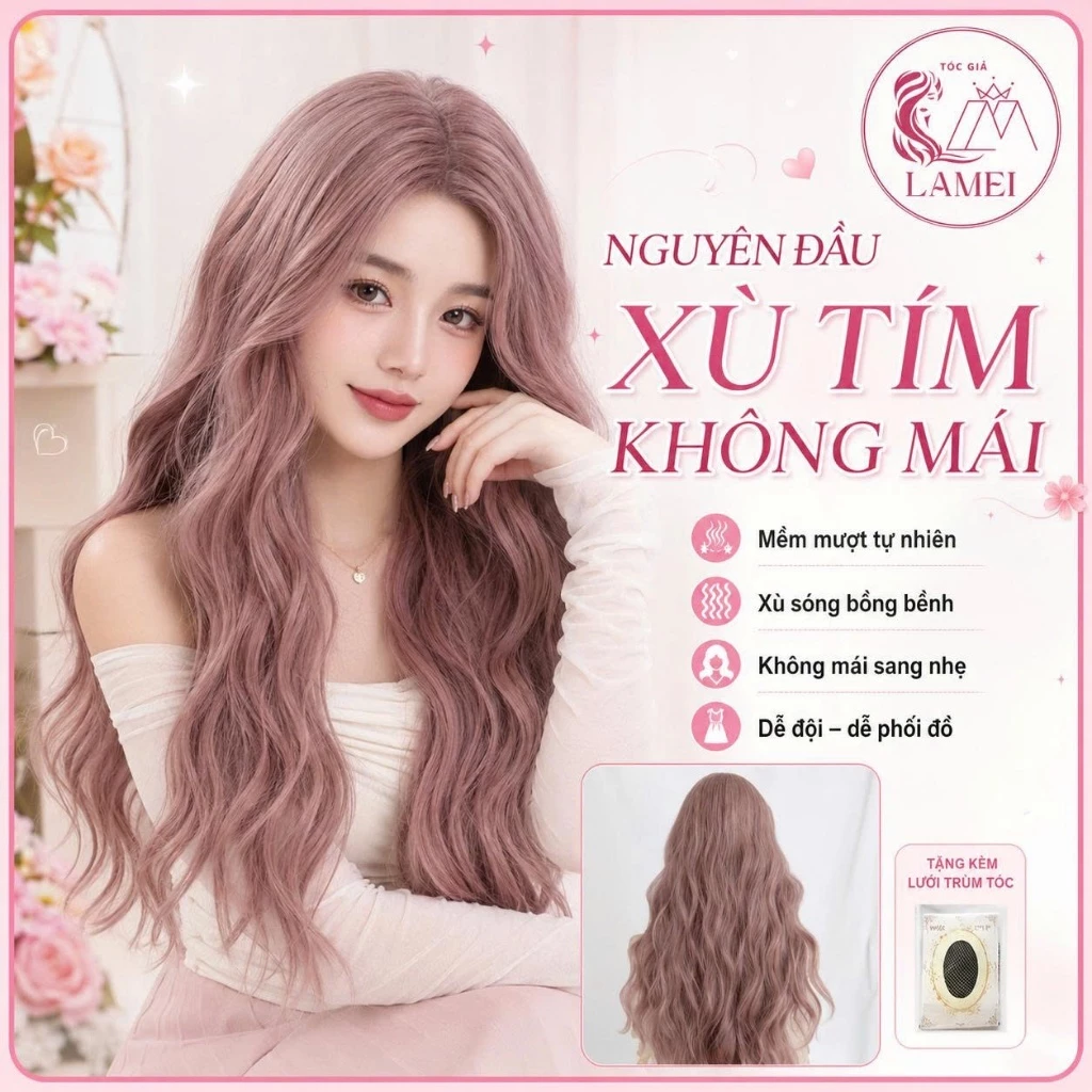 Tóc Giả Nguyên Đầu Cao Cấp Dáng Xù Nhuộm Hồng Tím Xu Hướng Hàn Quốc 60cm