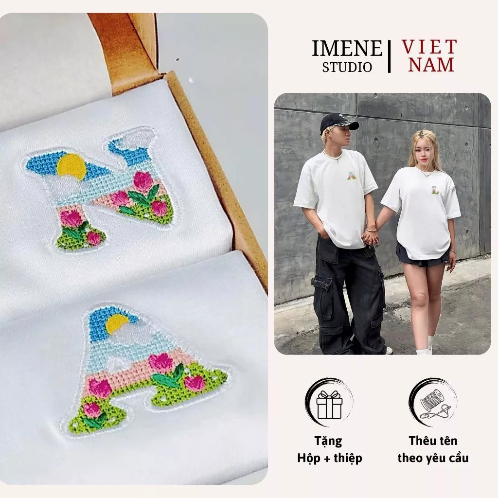 Áo thun THÊU cặp đôi nam nữ, áo phông đôi, áo phông nữ chất cotton thêu chữ cái KÝ TỰ YÊU THƯƠNG màu TRẮNG (IM10)