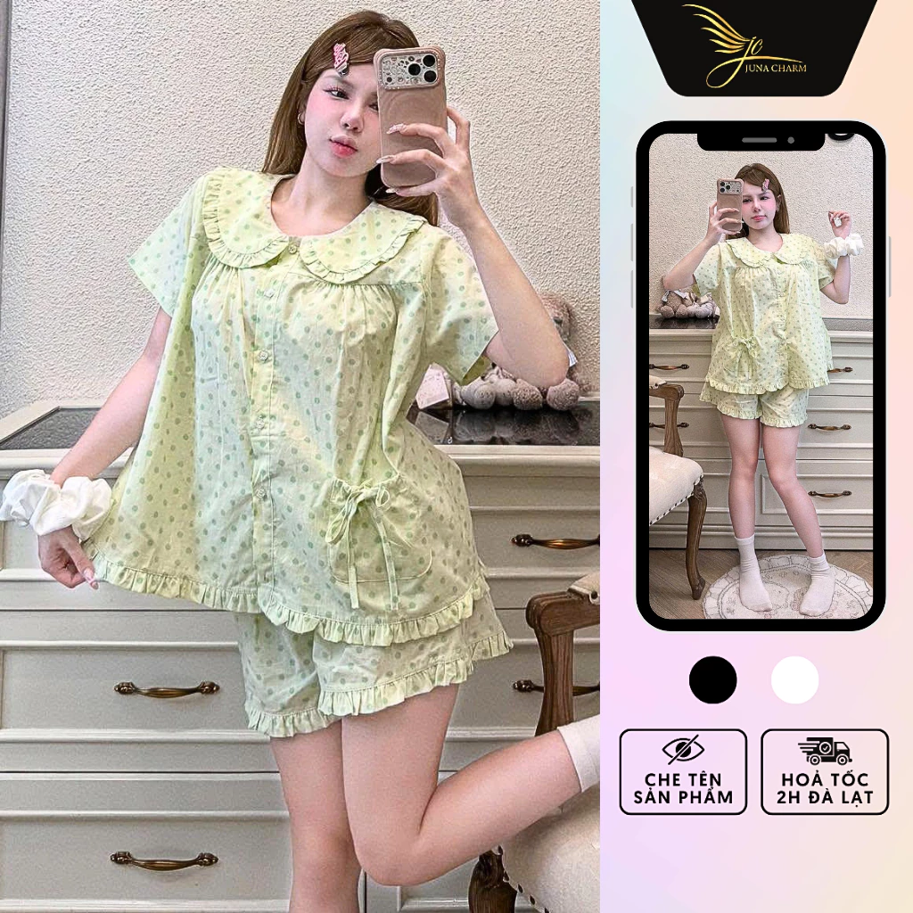 Bộ Pijama Mặc Nhà, Đồ Bộ Đùi Bánh Bèo Chấm Bi JUNA Freesize Thời Trang Đồ Ngủ Dành Cho Nữ, Chất Vải Thô, Họa Tiết/SP3944