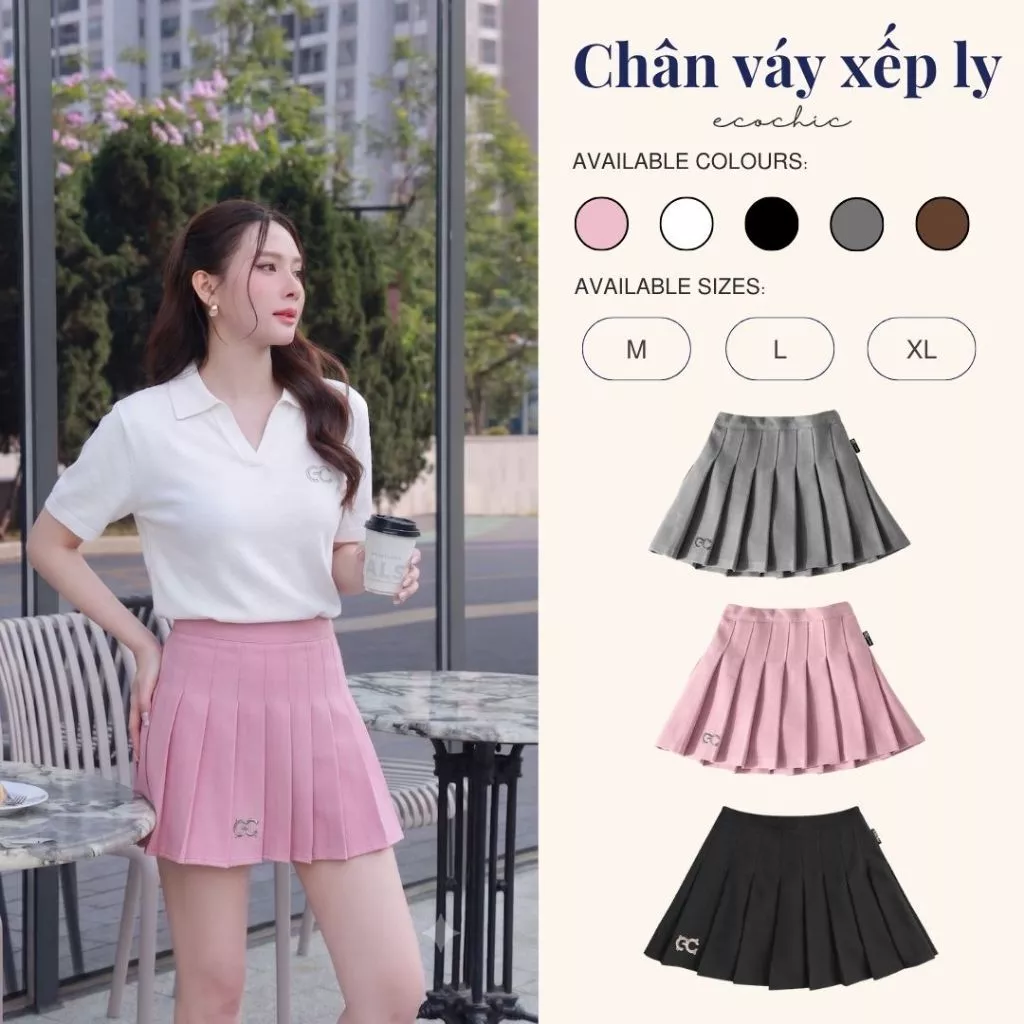 Chân Váy Tennis Xếp Ly Chính Hãng ECOCHIC Dáng Xoè Ngắn Cạp Cao Có Lót Trong Màu Trắng Đen Xám Hồng Nâu F537