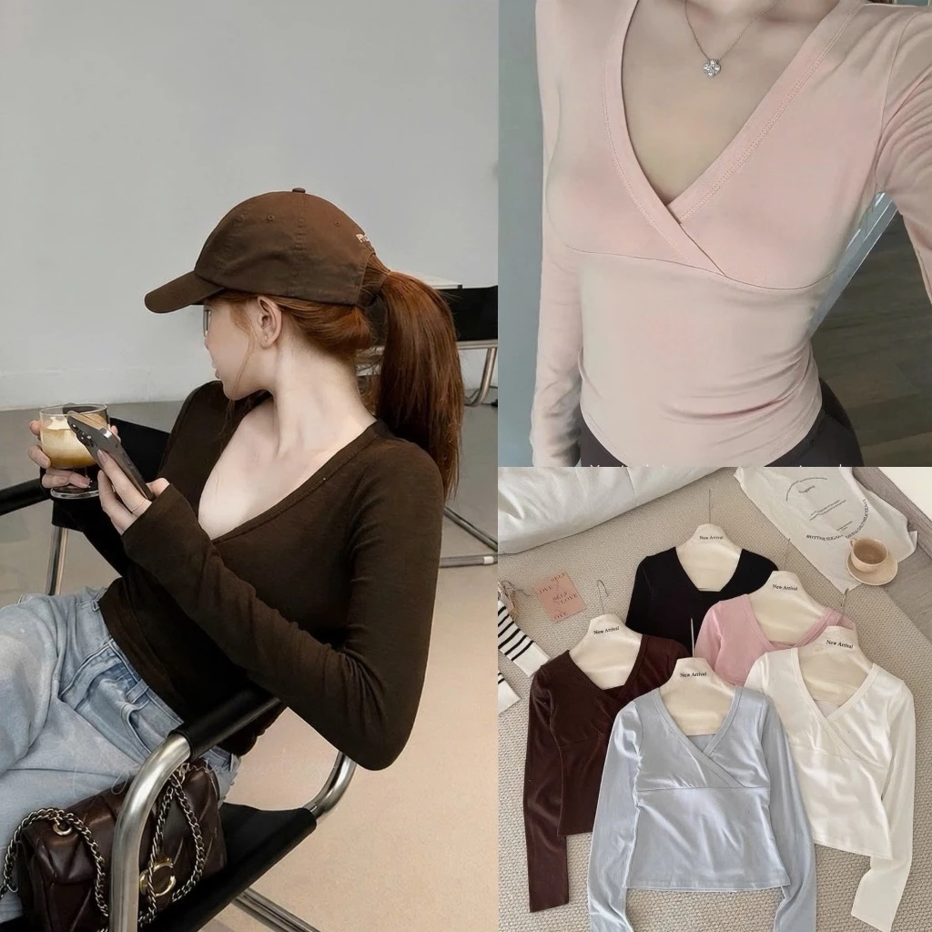[Sẵn Ship] Áo thun cotton cổ V dài tay dáng ôm sexy phù hợp mùa thu đông LYLY TOP