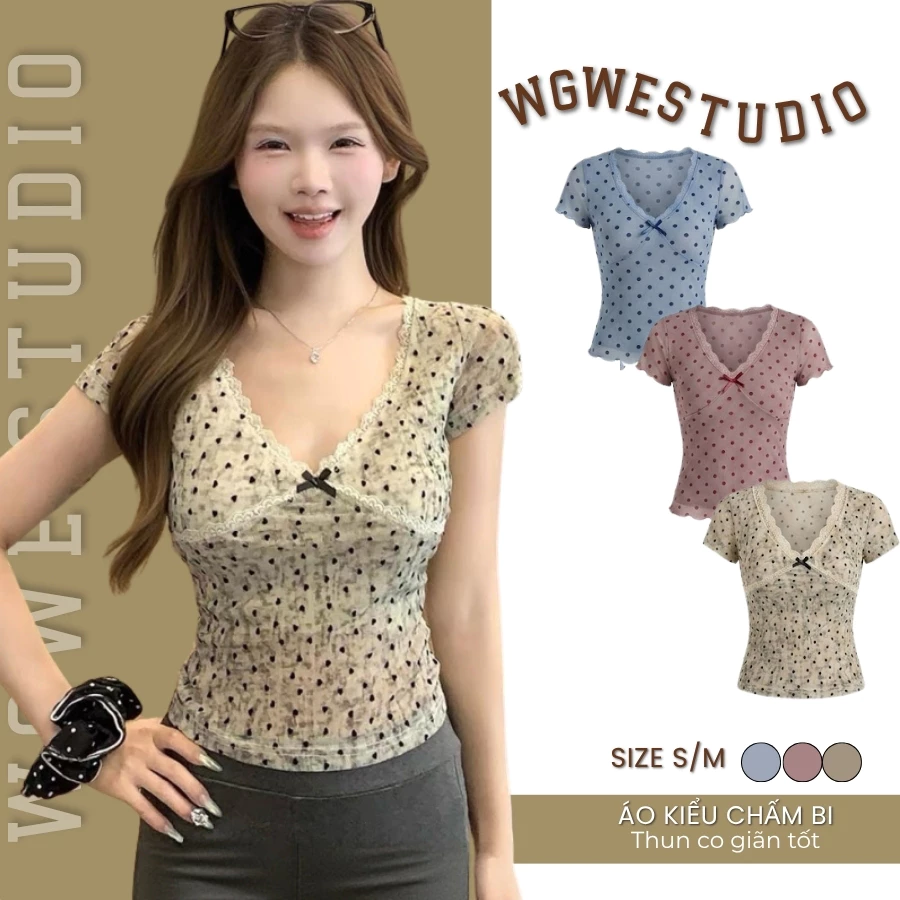 Sẵn Xanh Be ENEN - Áo Thun Nữ Cổ V Chấm Bi  Phối Ren Cộc Tay Ôm Body Tiểu Thư Hàn Quốc 10669