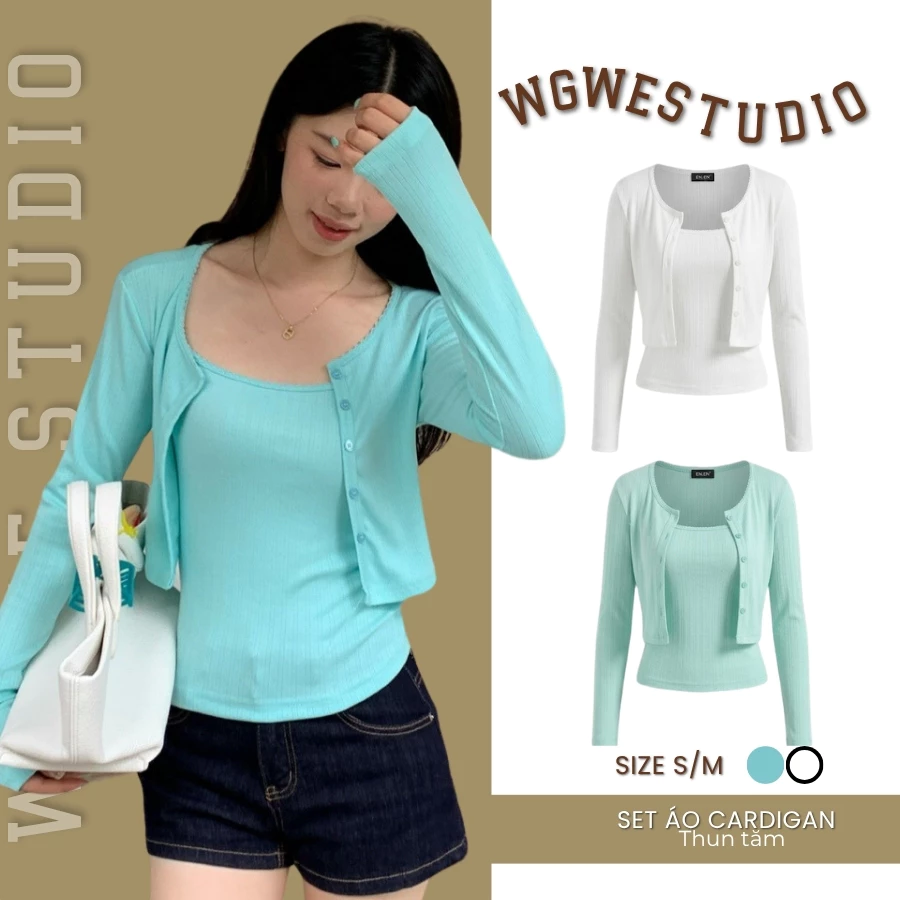 ENEN - Set Áo Cardigan Len Dệt Kim Tay Dài Kèm Áo Hai Dây Pha Ren Tiểu Thư  10873