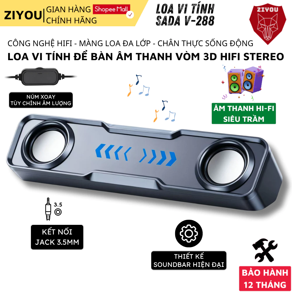 Loa Vi Tính Có Dây Ziyou SADA V-288 Gaming Soundbar 2.0 Jack 3.5mm, Nguồn USB 5V, Thiết Kế Góc 50°