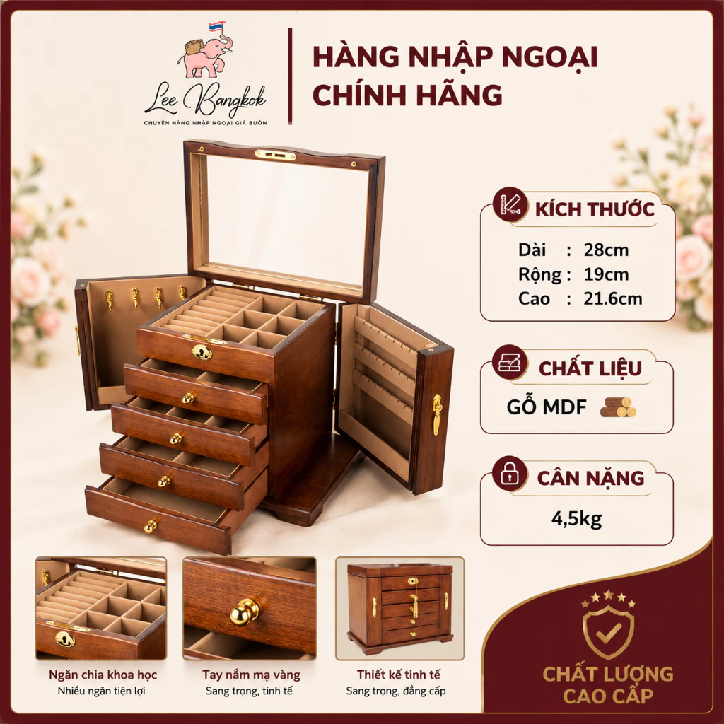 (TỦ CAO CẤP) Tủ, Rương Gỗ Đựng Trang Sức 4 - 5 - 6 Tầng Mở Cánh Chất Liệu Gỗ MDF Đựng Mỹ Phẩm, Đồng Hồ, Đá Quý